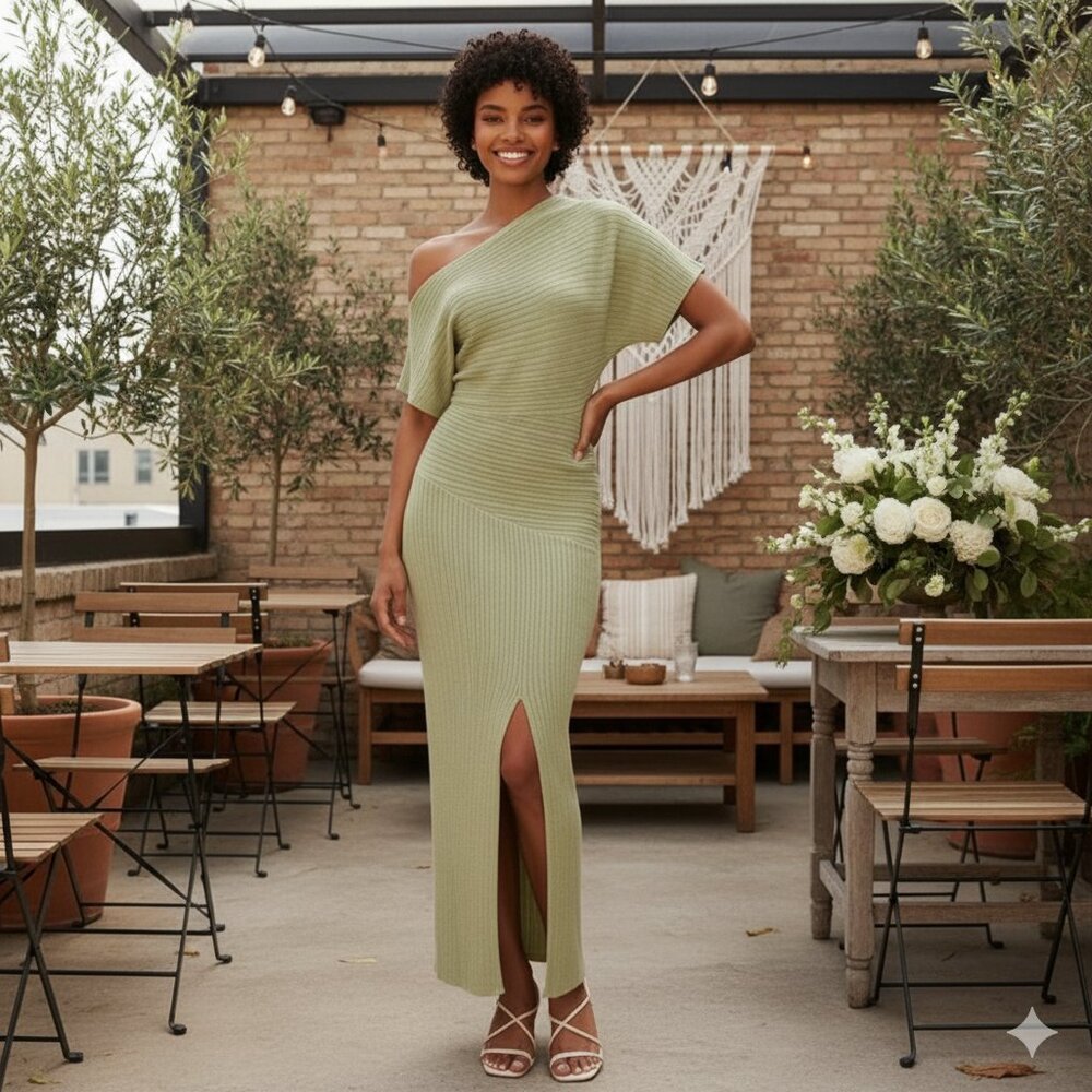 NWT Revolve Mon Renn Celest Off Shoulder Knit Sweater Maxi Dress Sage Green